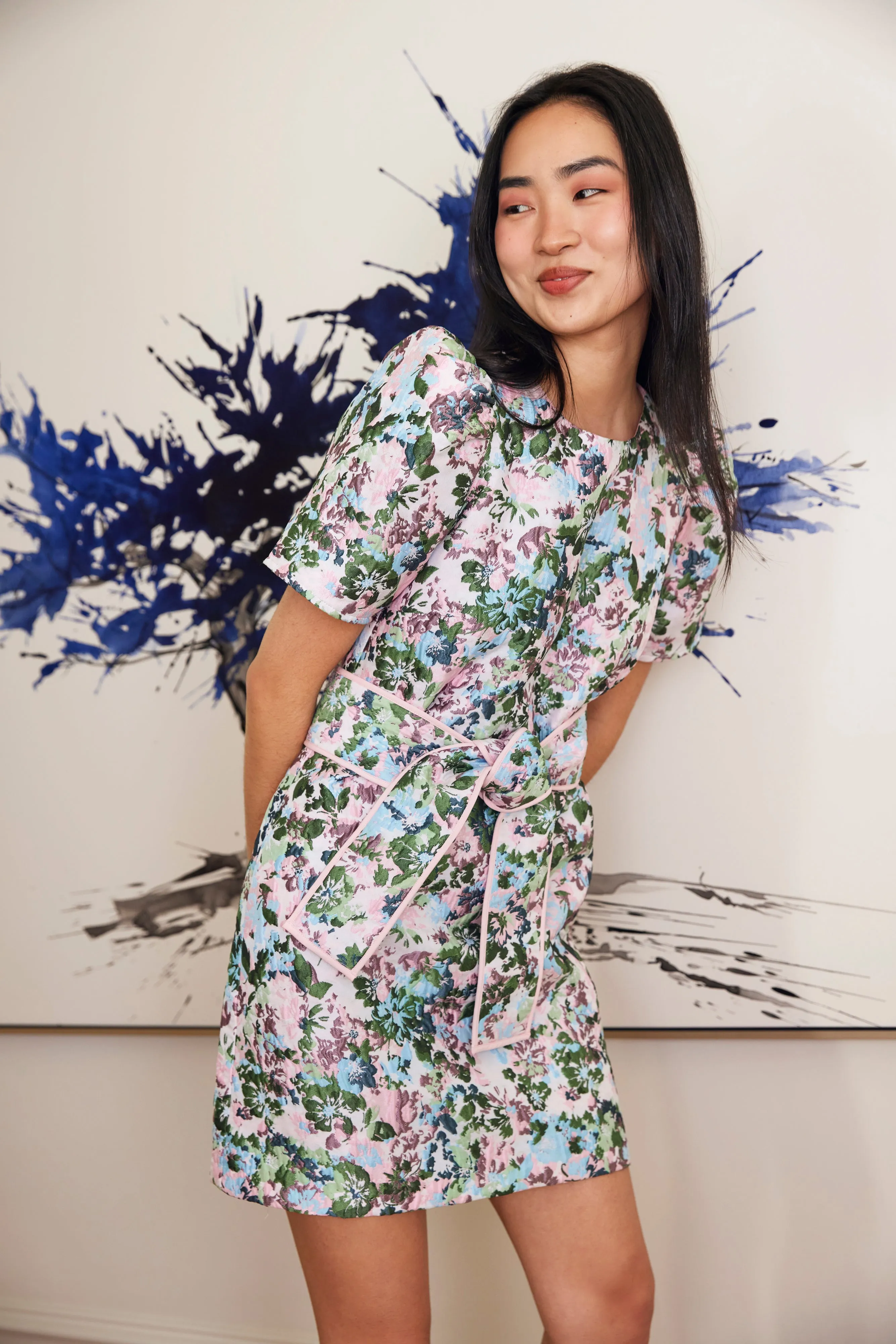 Marty Dress Pink Abstract Floral Jacquard