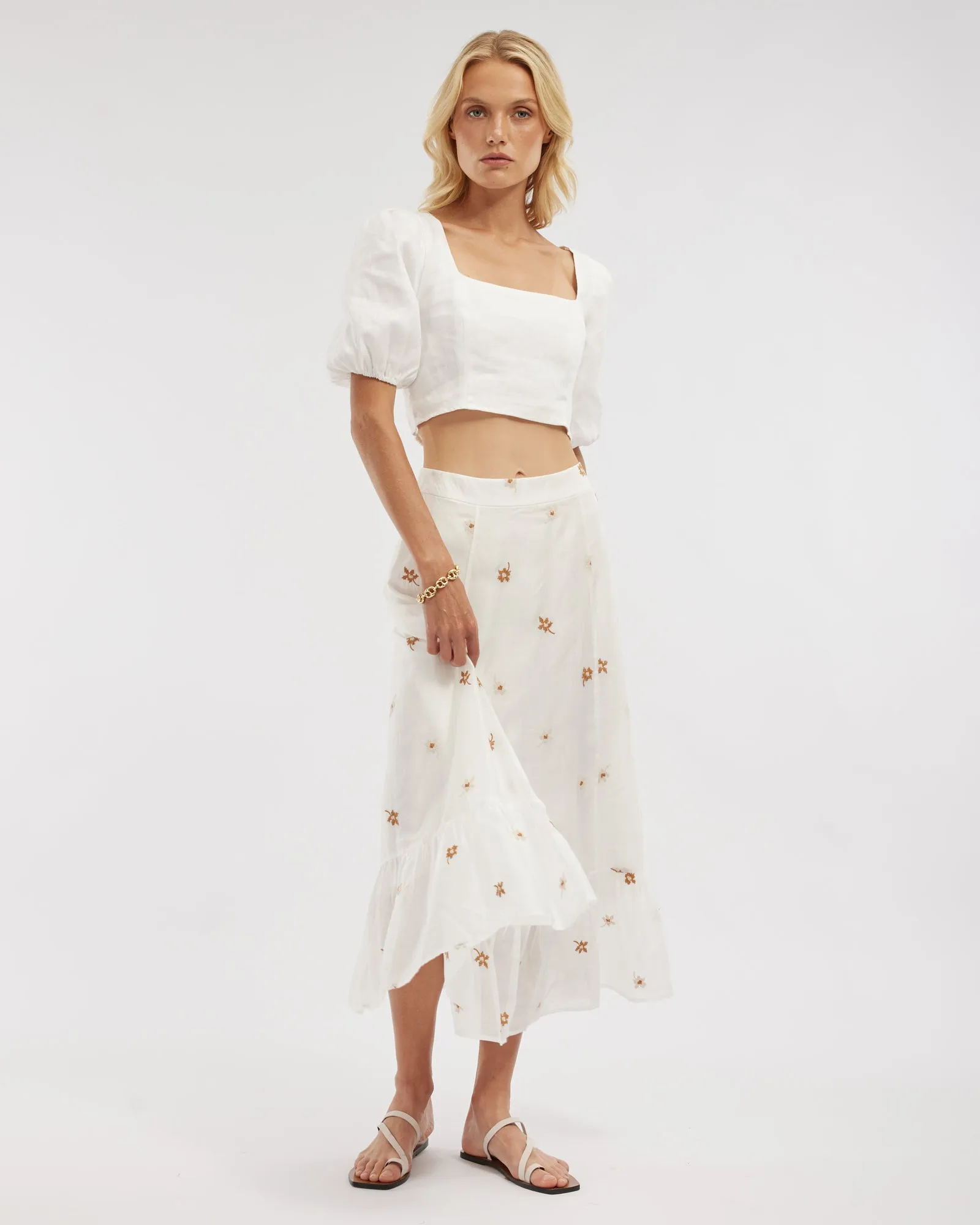Monique Cross Stitch Midi Skirt - White