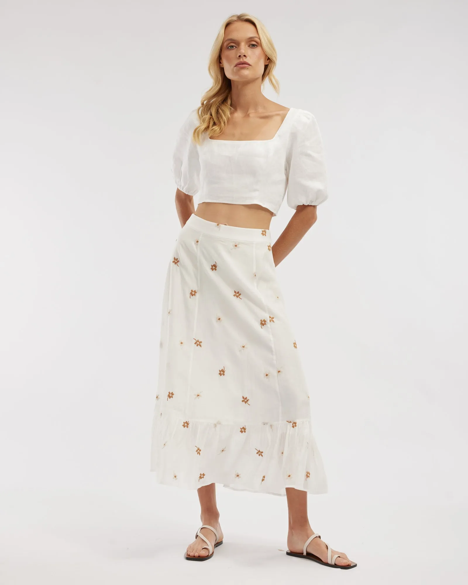 Monique Cross Stitch Midi Skirt - White