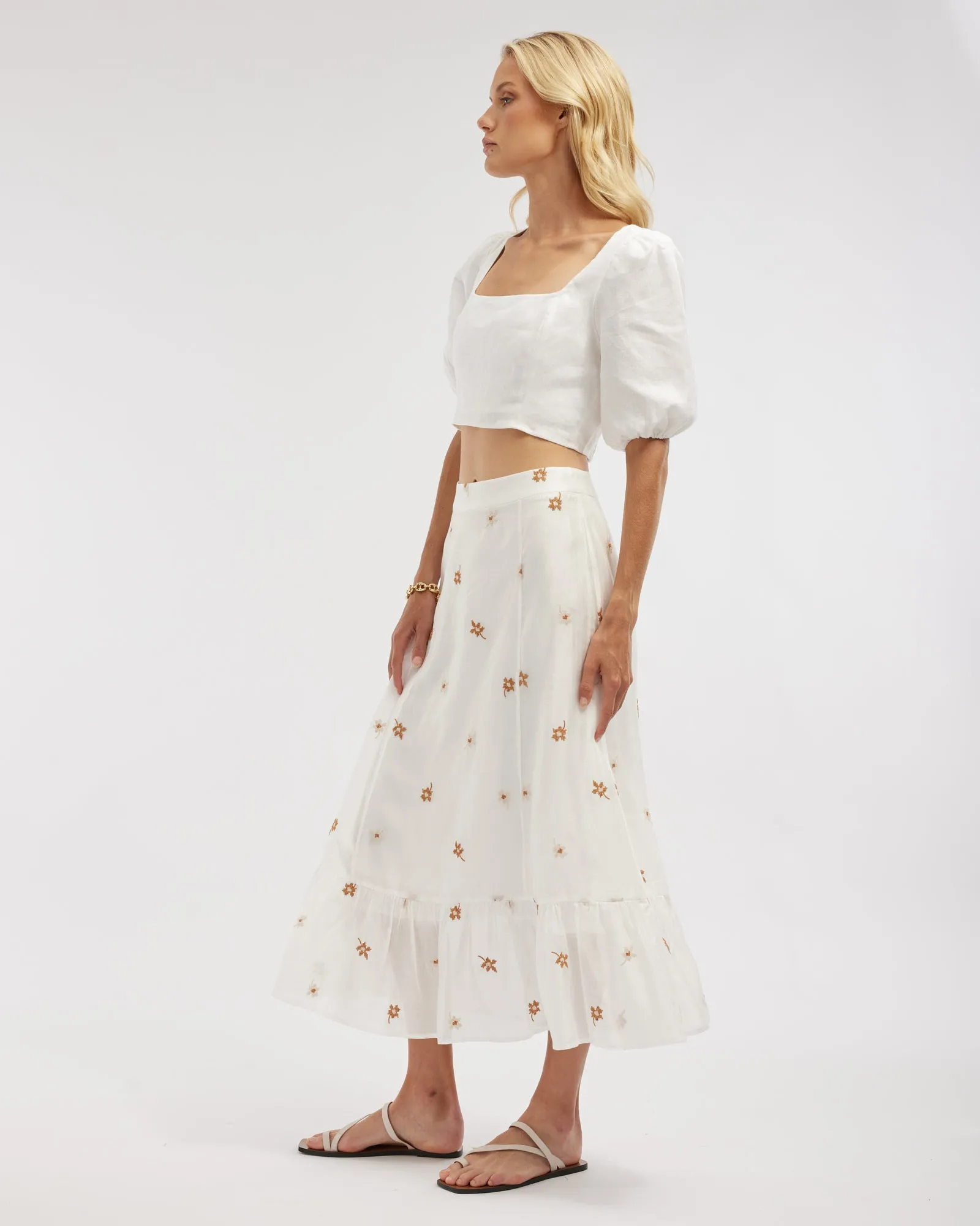 Monique Cross Stitch Midi Skirt - White