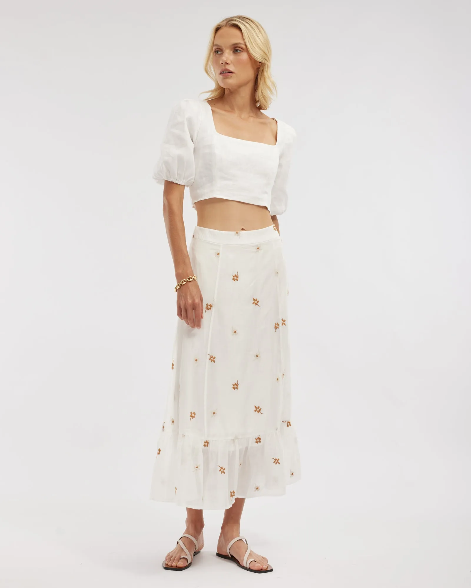 Monique Cross Stitch Midi Skirt - White