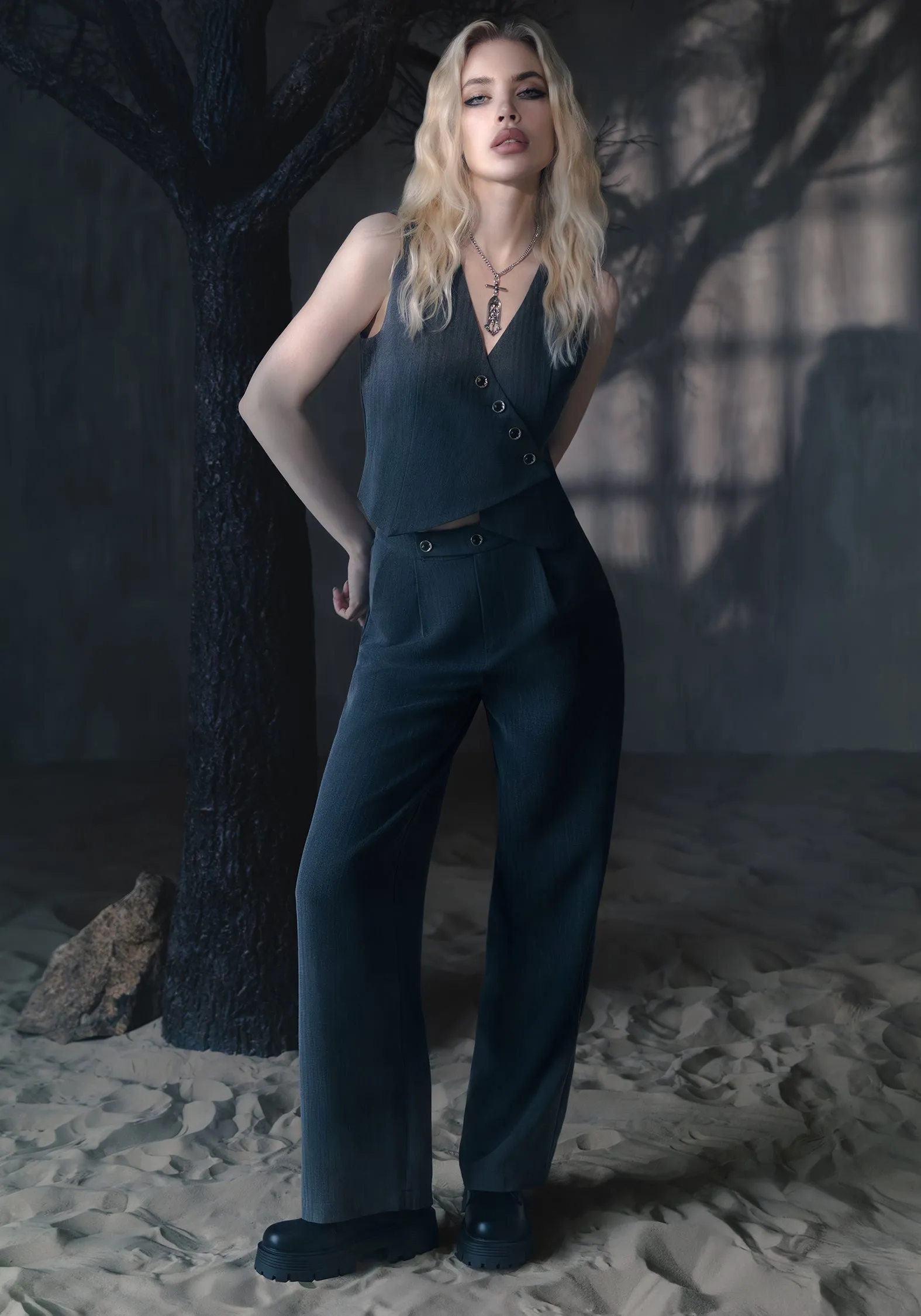 Moonage Herringbone Tailored Trousers - Grey
