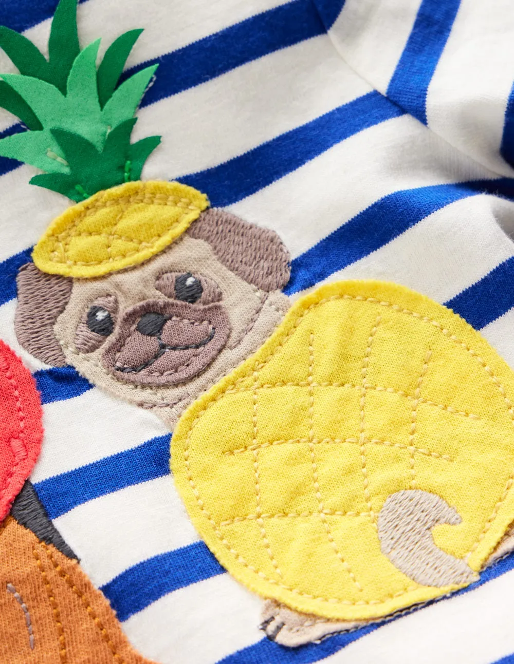Short Sleeve Appliqué T-shirt-Bright Blue Stripe Fruit Dogs