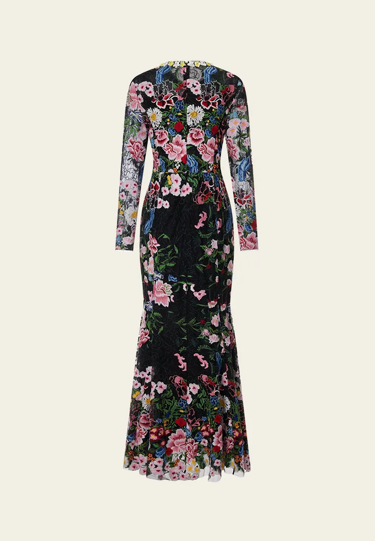 Slim-fit Fishtail Floral Embroidered Mesh Dress