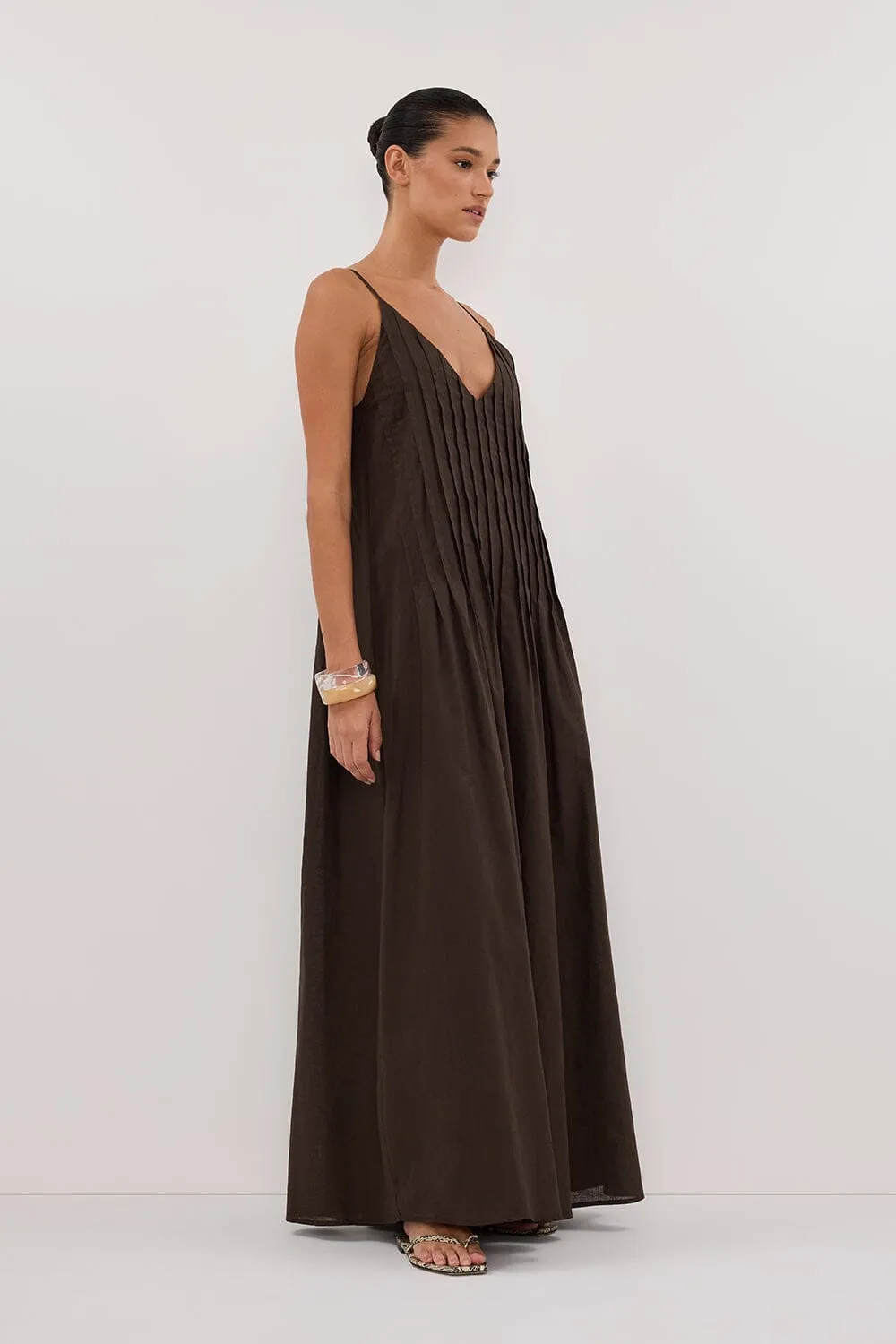 TAHLIA BITTER CHOC LINEN BLEND MIDI DRESS