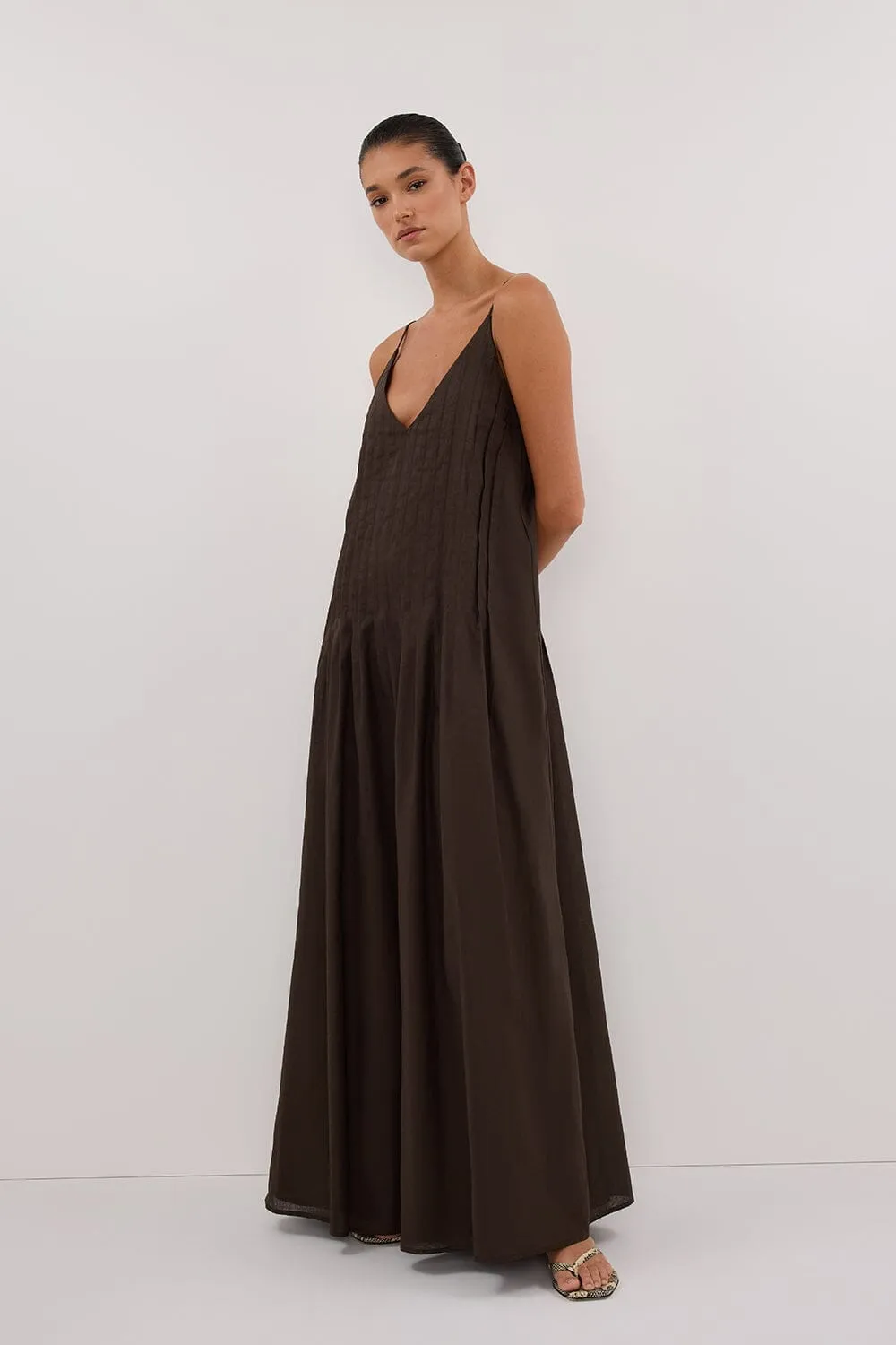 TAHLIA BITTER CHOC LINEN BLEND MIDI DRESS