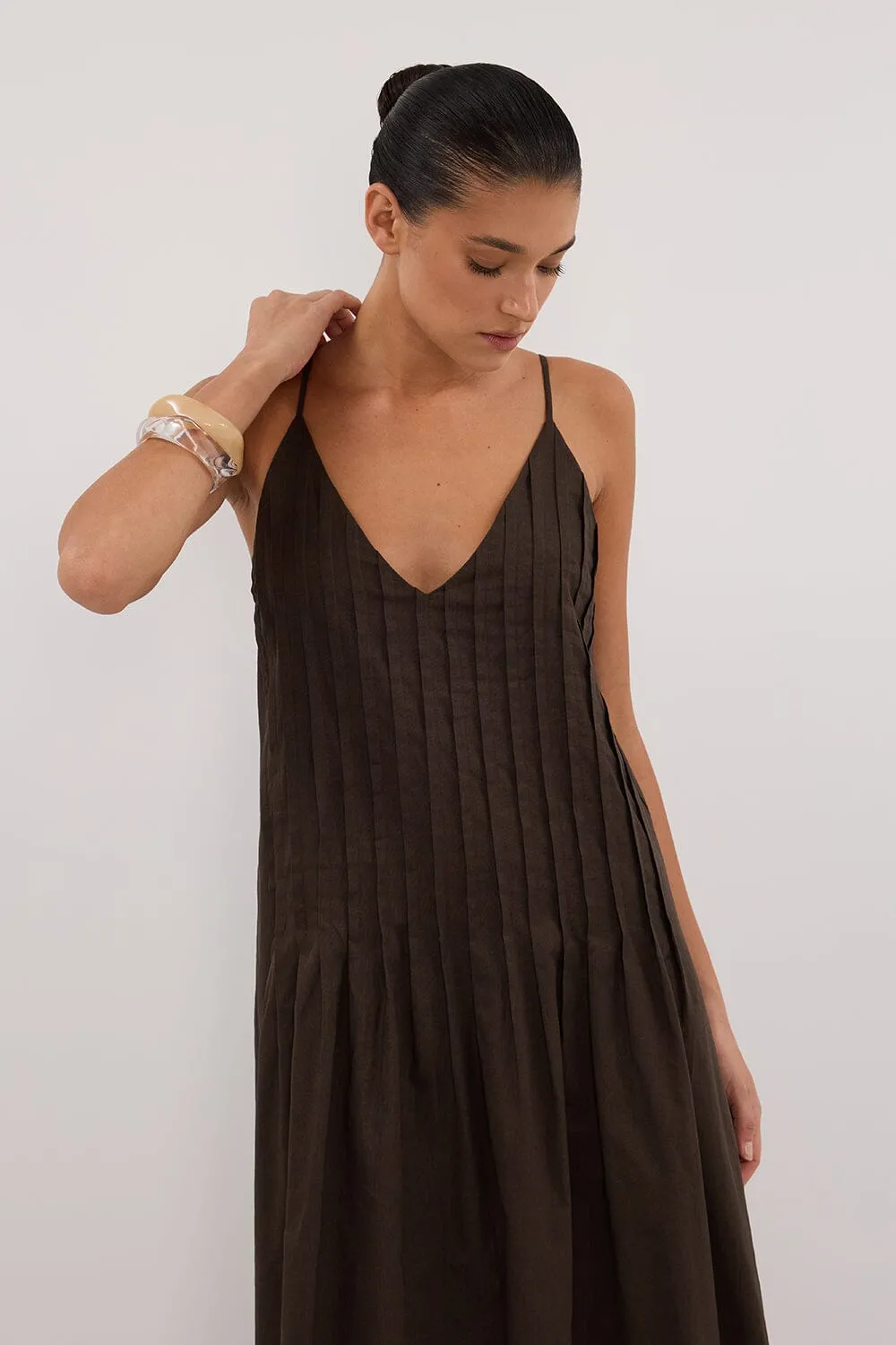 TAHLIA BITTER CHOC LINEN BLEND MIDI DRESS