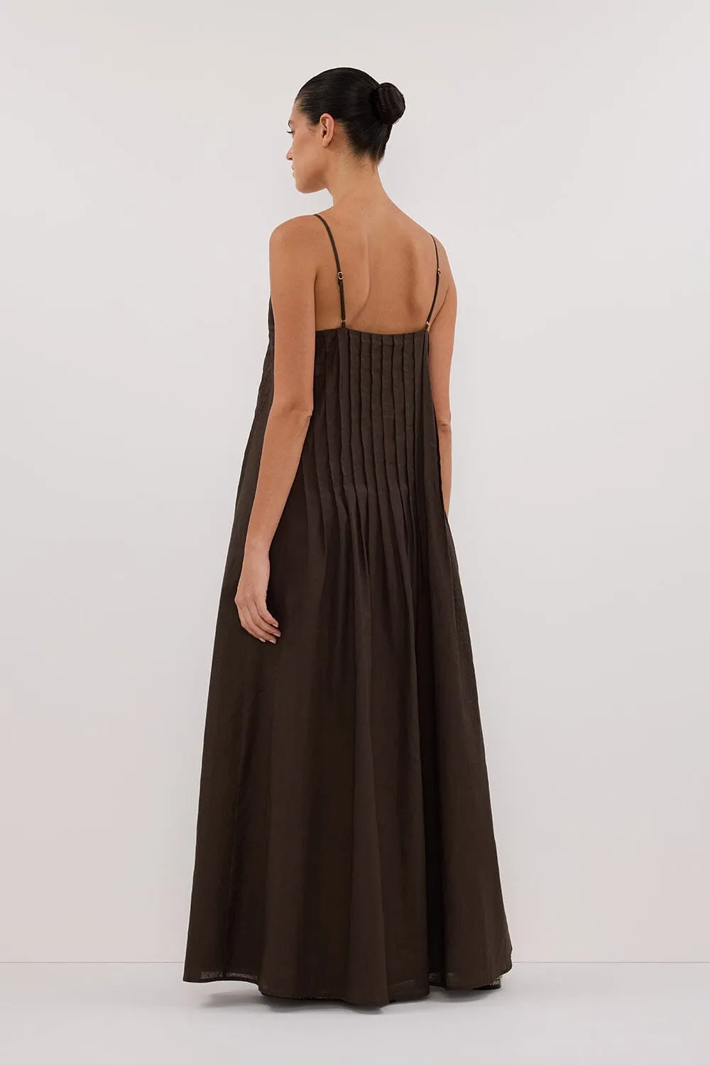 TAHLIA BITTER CHOC LINEN BLEND MIDI DRESS