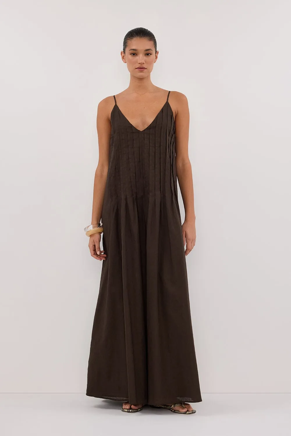 TAHLIA BITTER CHOC LINEN BLEND MIDI DRESS