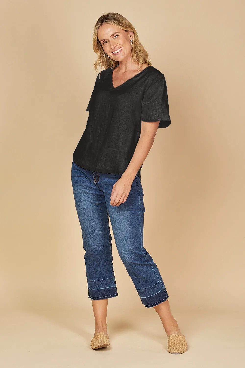 Tamara Flutter Sleeve Linen Top in Black