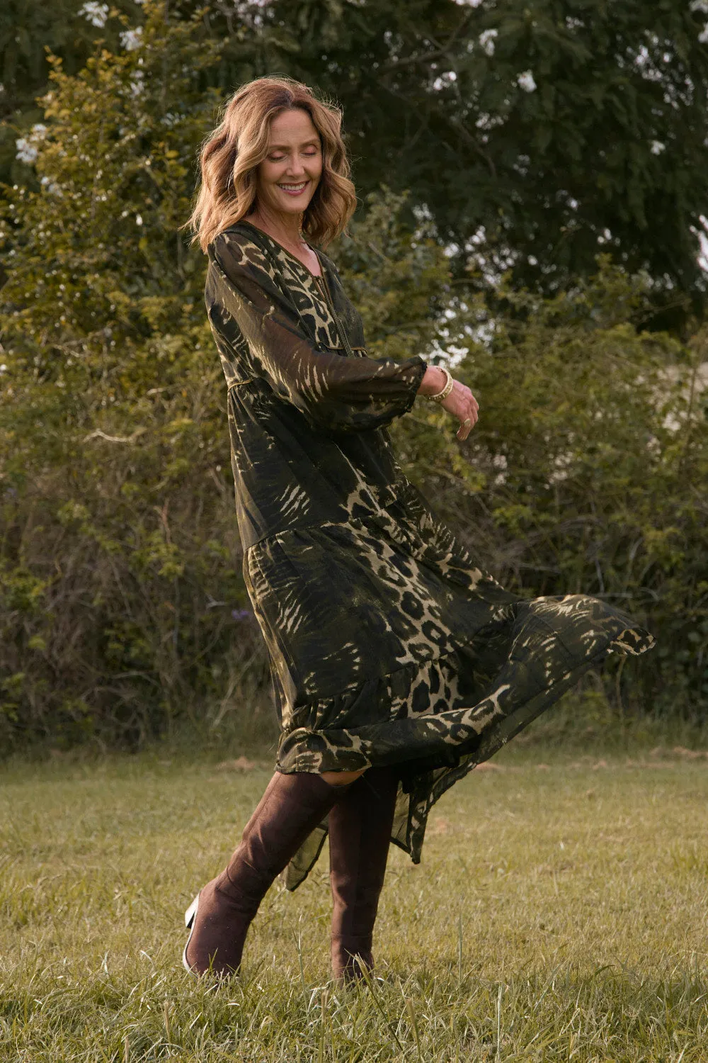 Tukdi Dress in Green Leopard