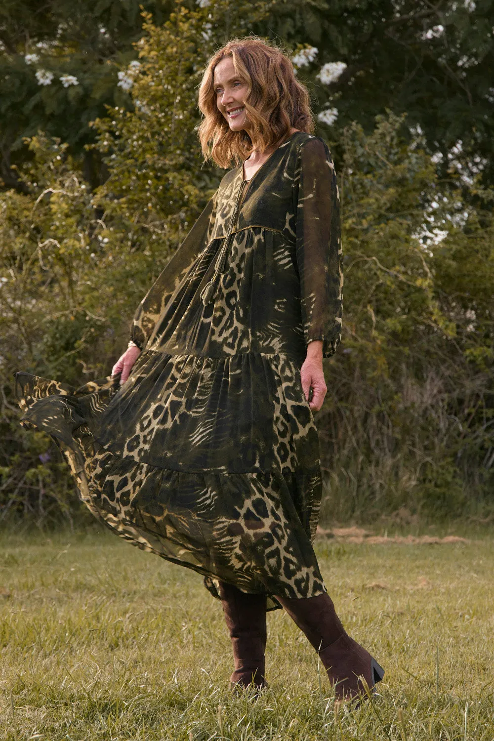 Tukdi Dress in Green Leopard