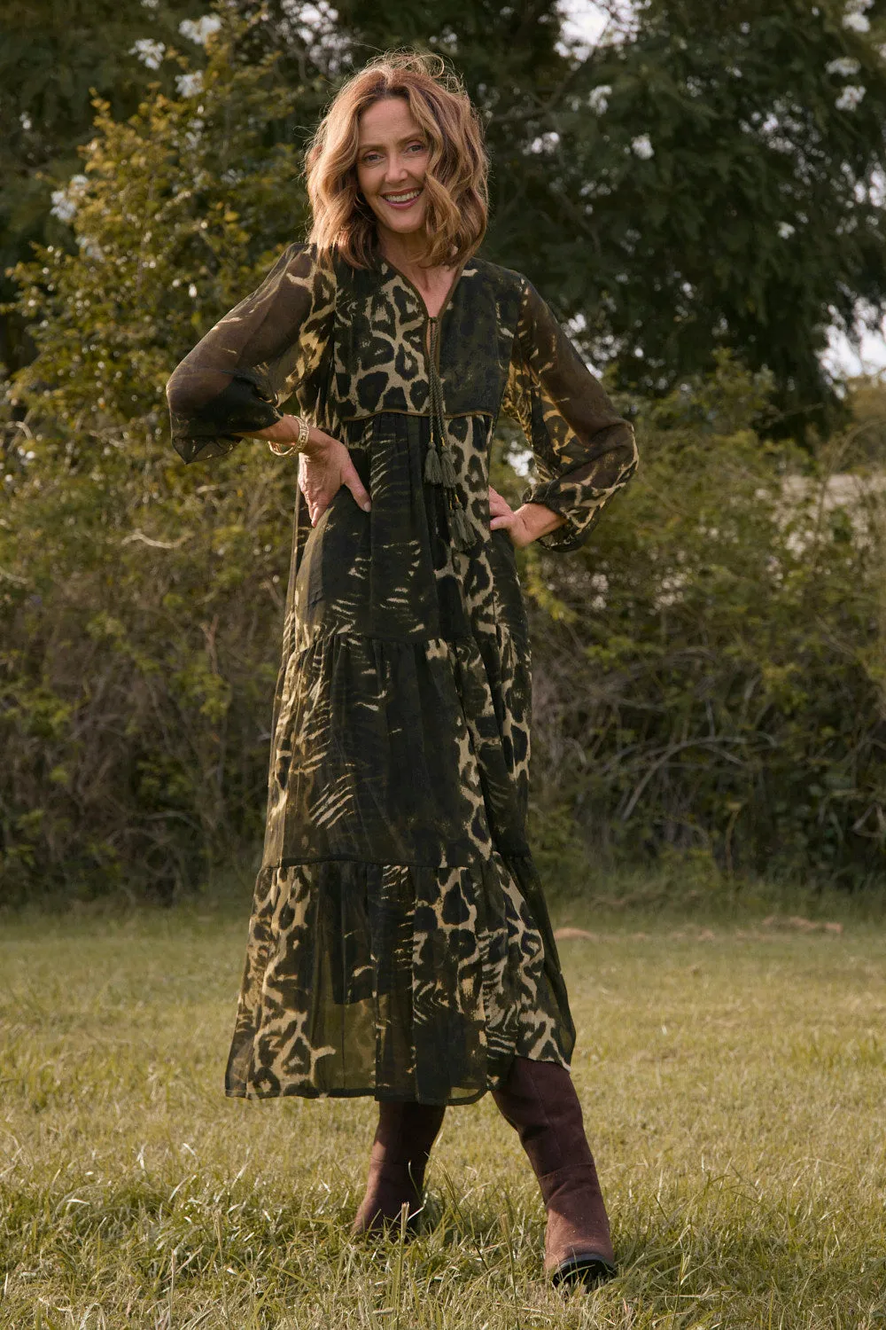 Tukdi Dress in Green Leopard