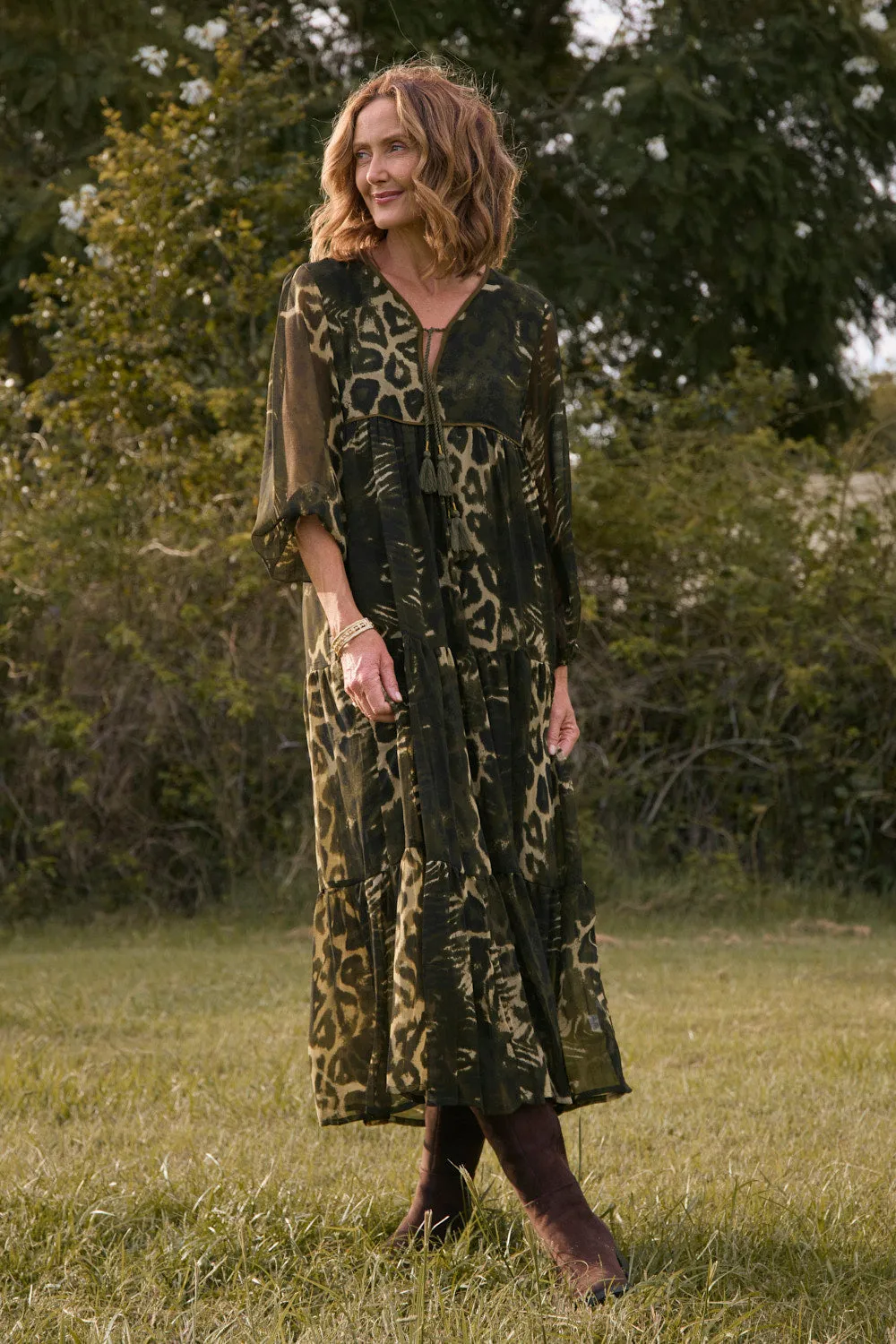 Tukdi Dress in Green Leopard