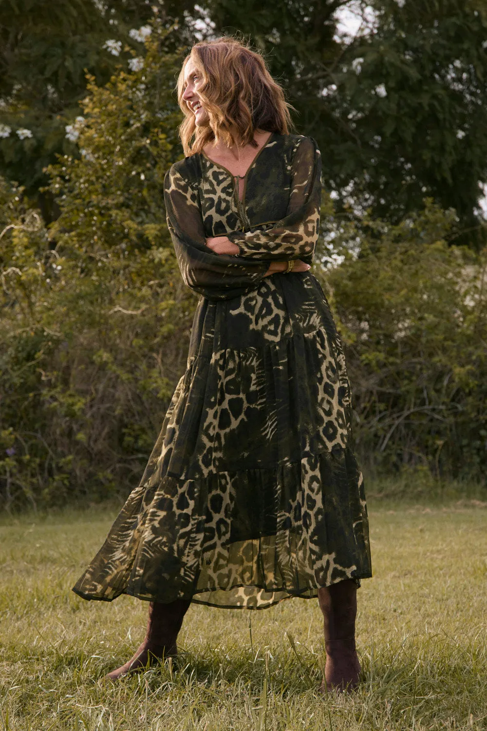 Tukdi Dress in Green Leopard