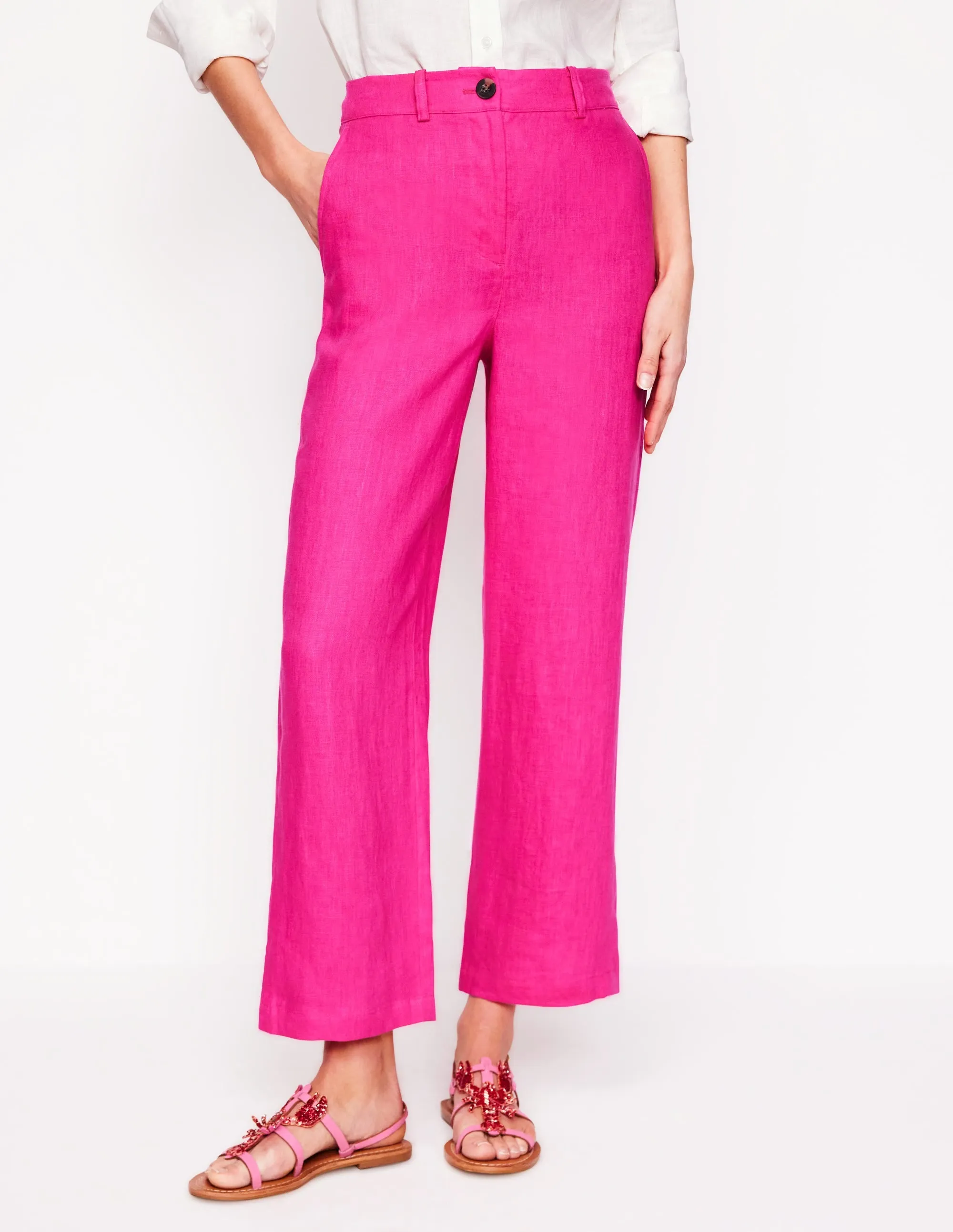 Westbourne Crop Linen Trousers-Pink Peony