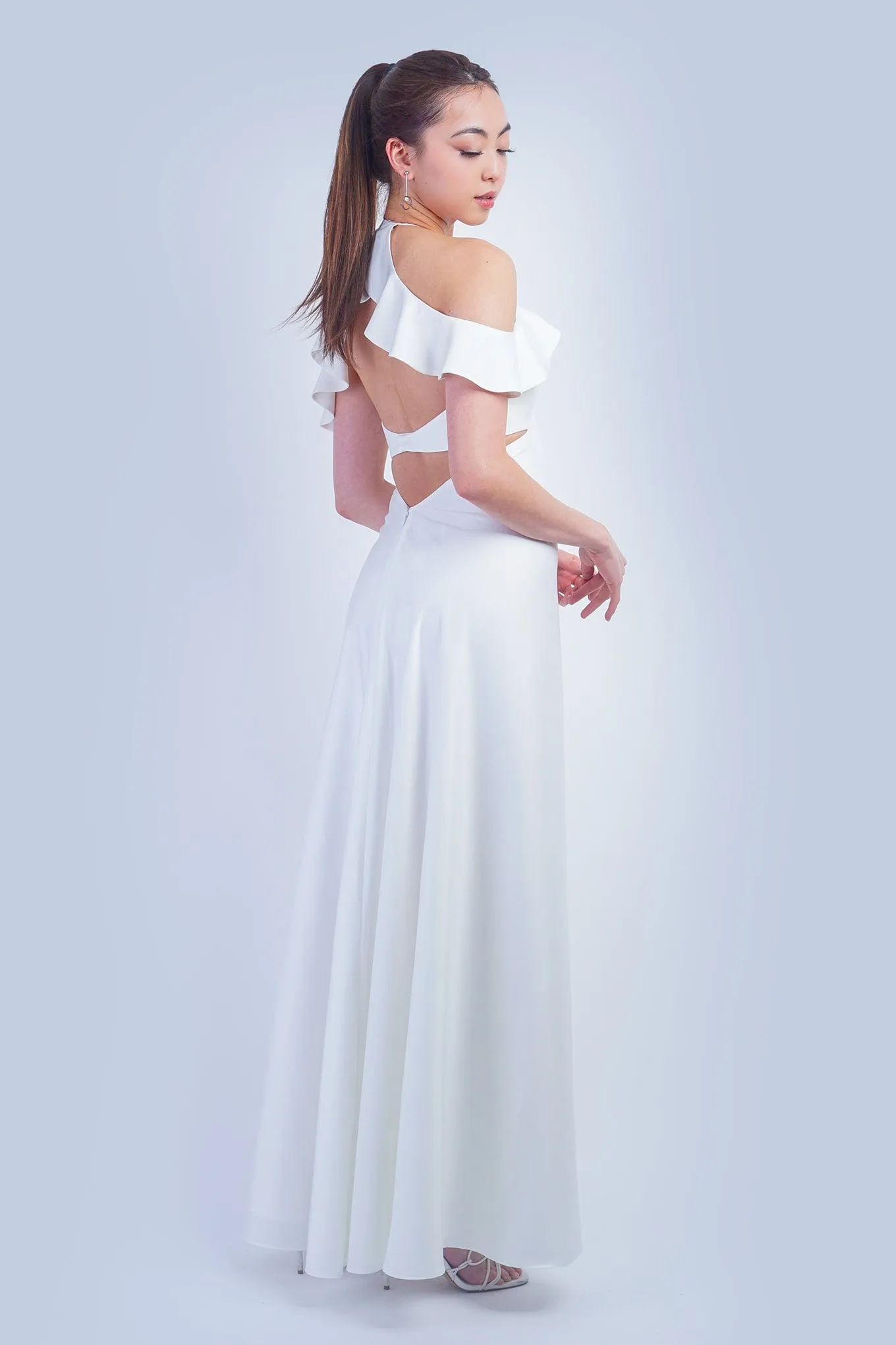 White Off Shoulder Ruffle Kai Gown