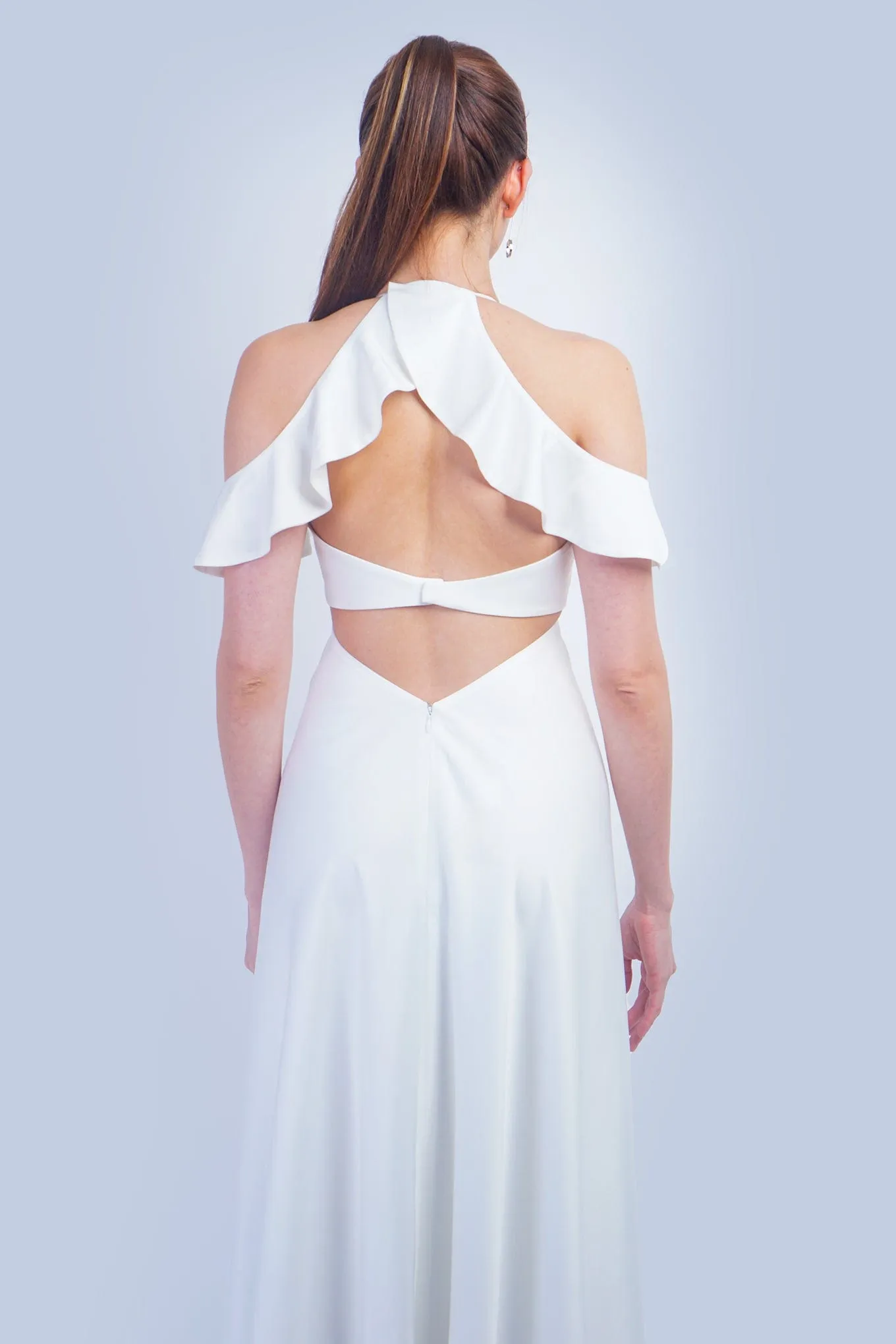 White Off Shoulder Ruffle Kai Gown