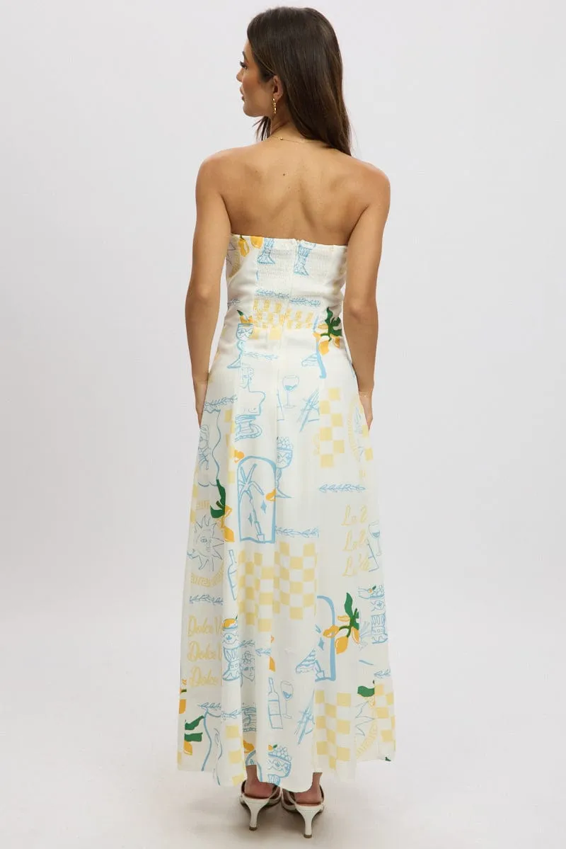 Yellow Abstract Strapless Maxi Dress