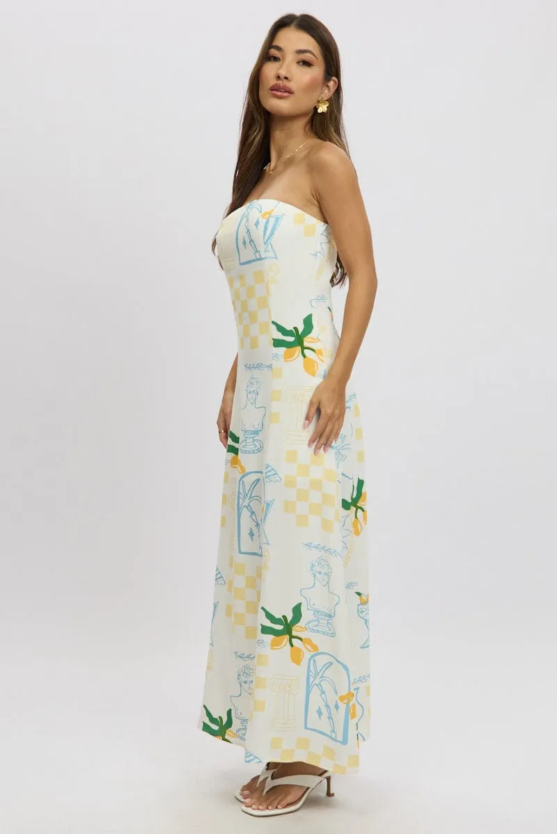 Yellow Abstract Strapless Maxi Dress